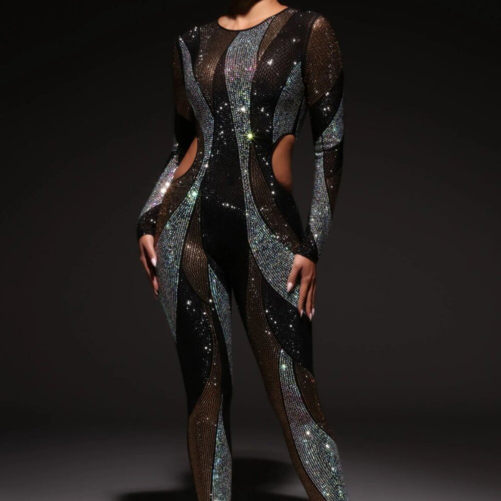Jumpsuit Rhinestone size M thick sheer with black gold & silver